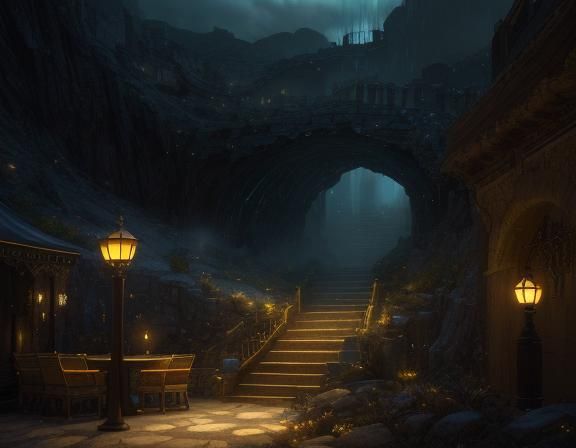 Ancient Underground Fortress City in Twilight Fog