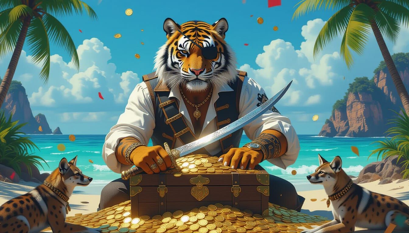 Tiger Pirate Captain on Treasure Chest in Watercolor Style