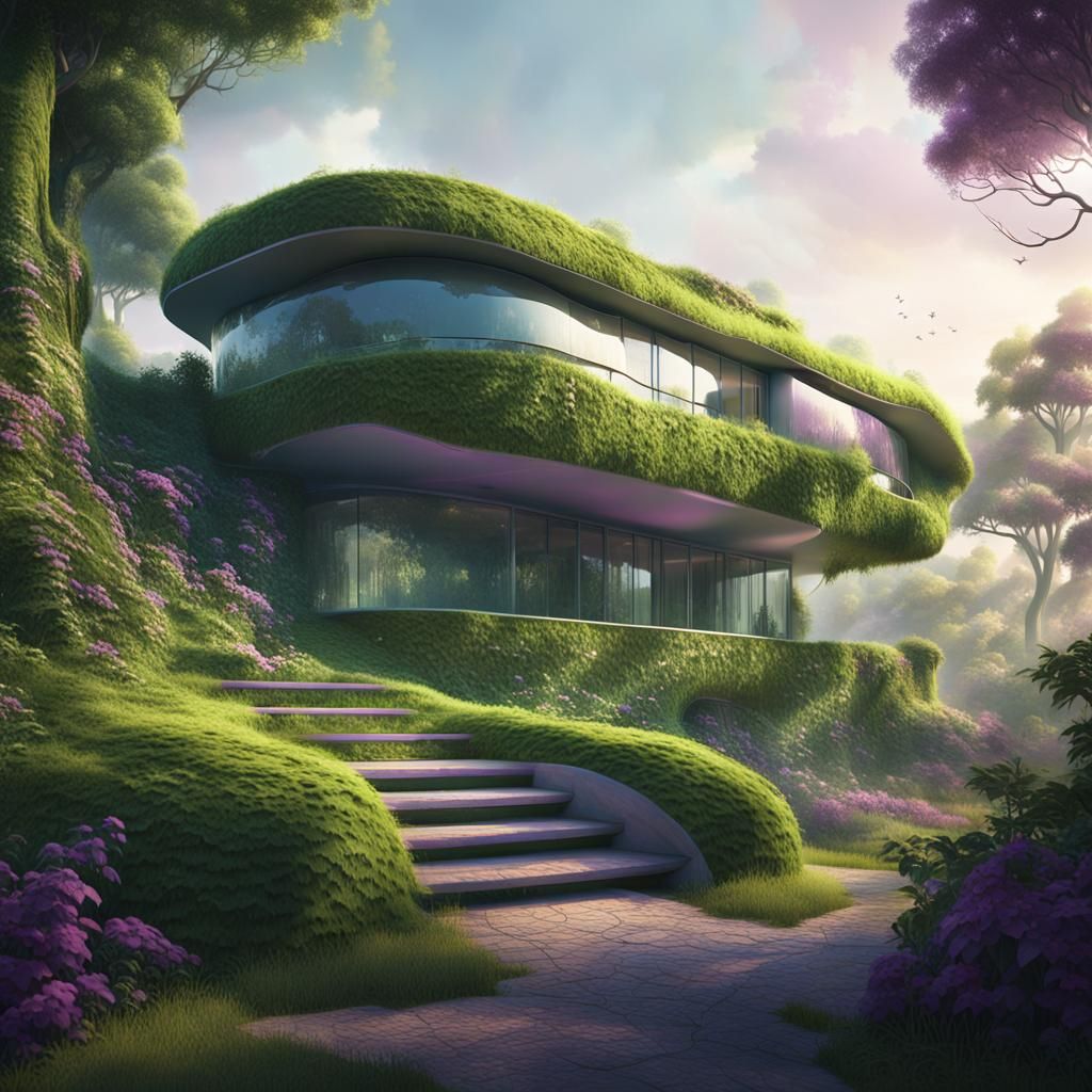 Futuristic Home in Green Landscape, Digital Matte Painting