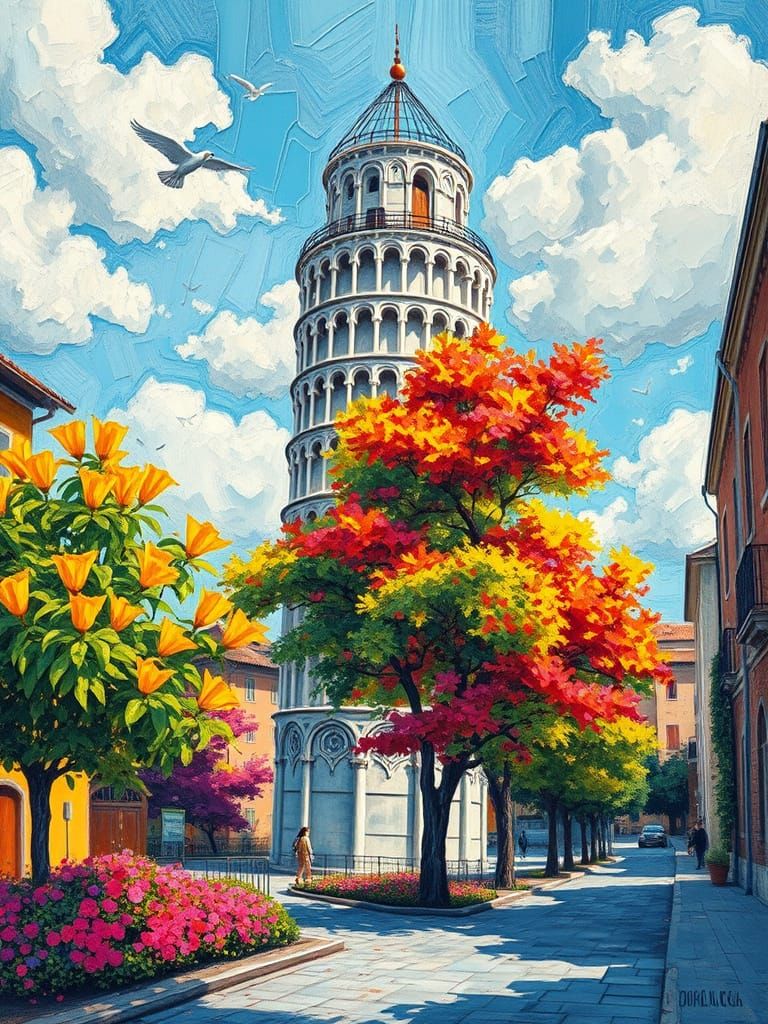 Tower of Pisa in Neo-Impressionistic Style