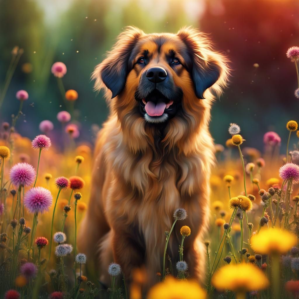 Playful Leonberger Puppy in Wildflower Field