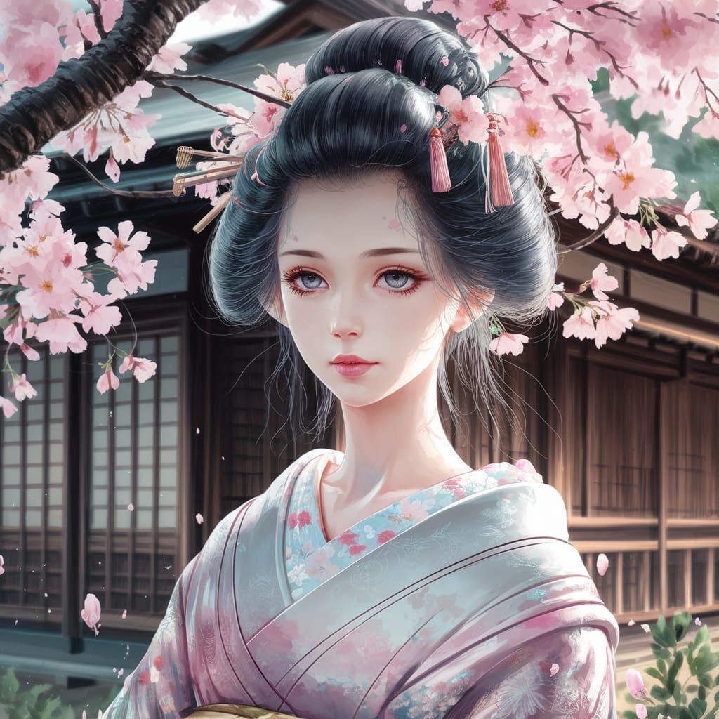 Geisha Under Cherry Blossoms: Ukiyo-e Watercolor Anime