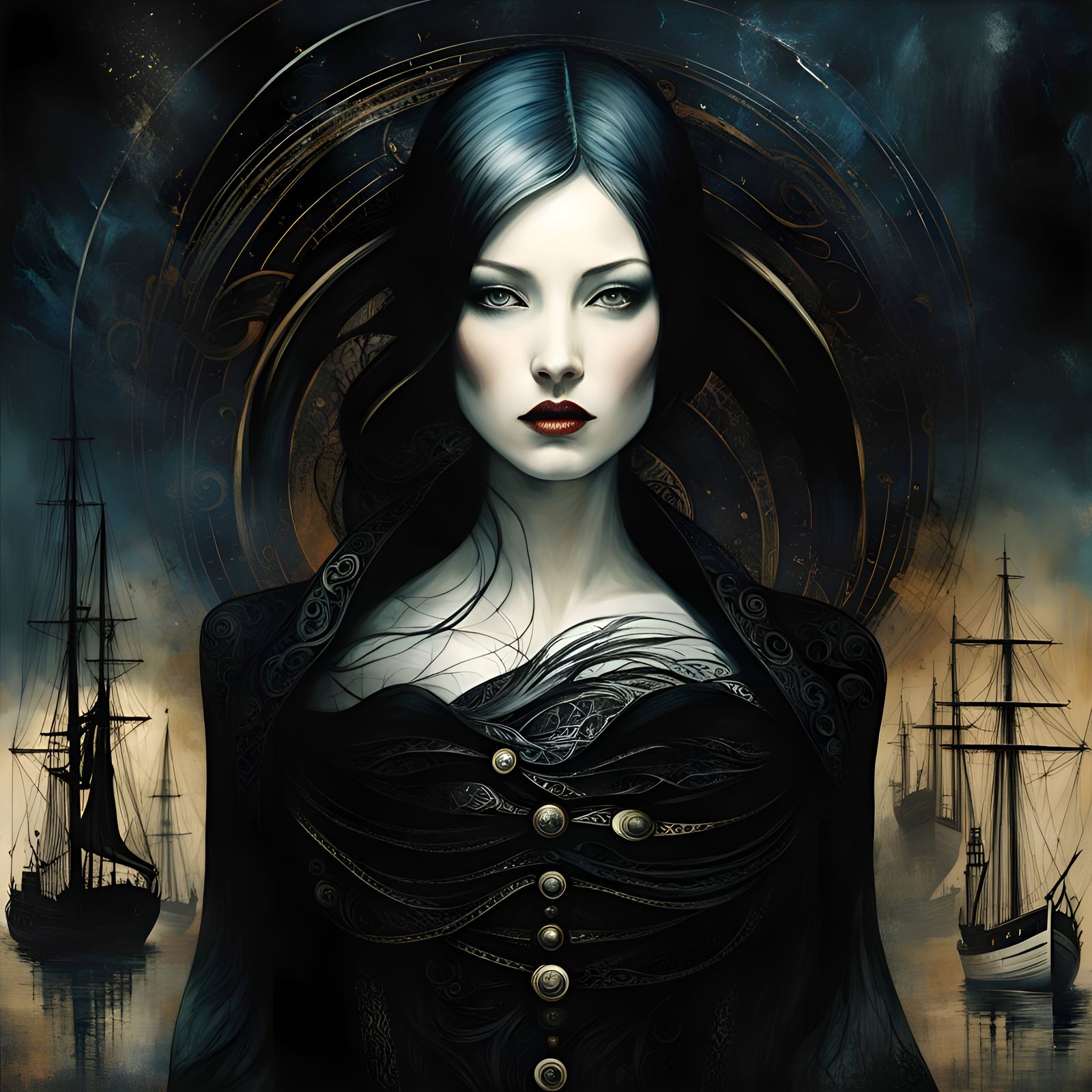 Dark Siren at Sea in Art Brut Style