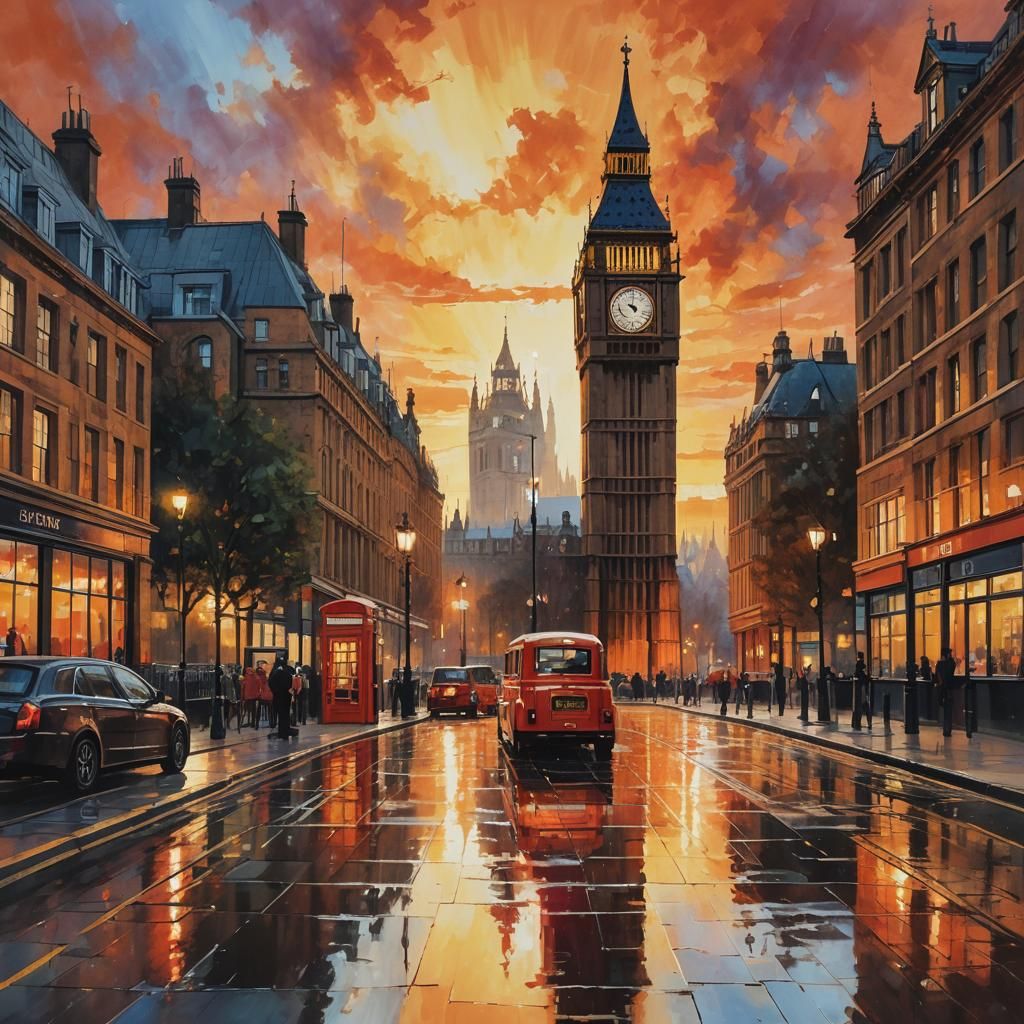 London Sunset: Big Ben and Red Telephone Booth