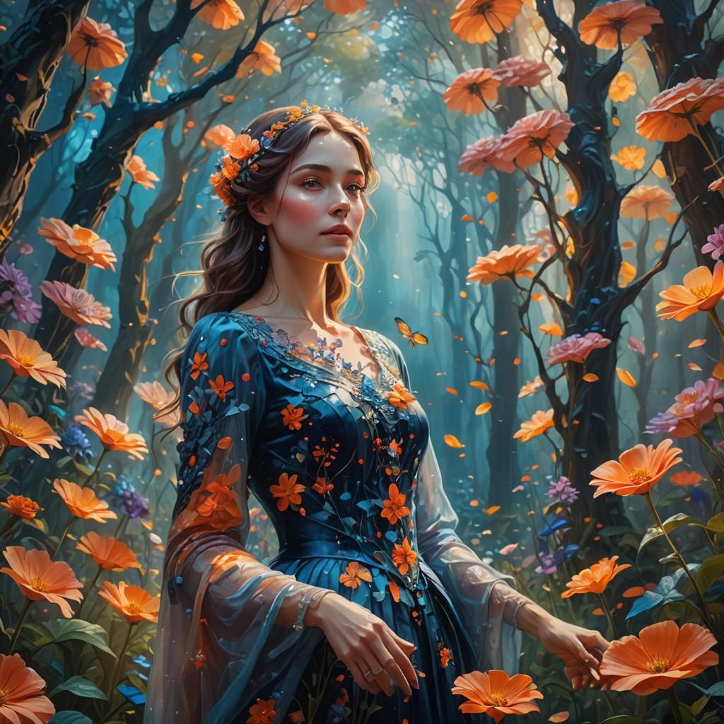 Mystical Garden: Woman Among Glowing Flowers