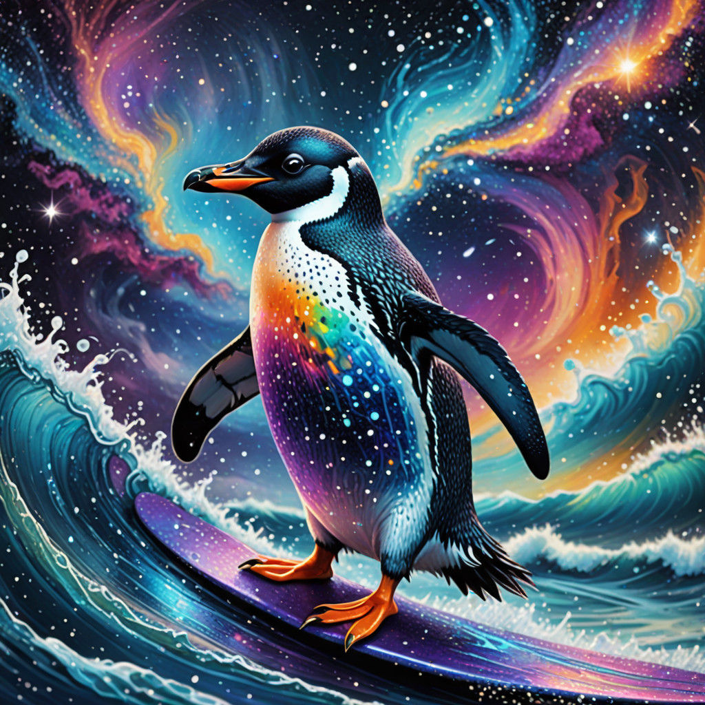 Galactic Penguin Rides Cosmic Waves