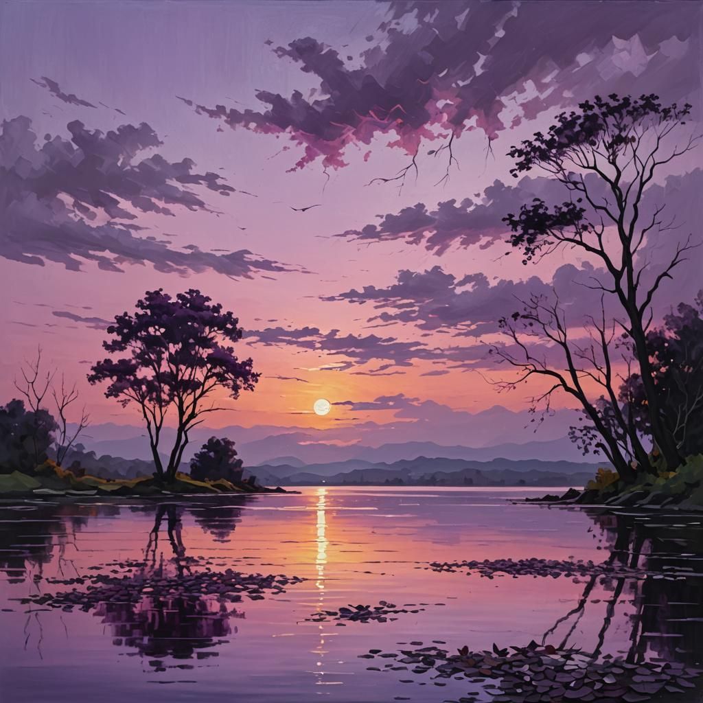 Purple Sunset Over Water in Oil Painting Style
