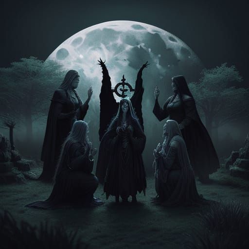 Witches Coven Ritual Under Ethereal Moonlight
