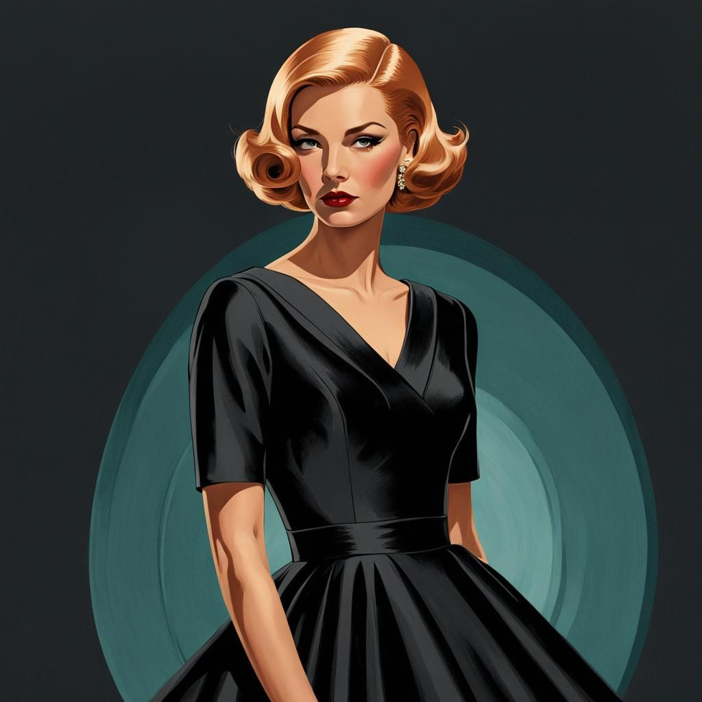 Elegant 1950s Woman in Black Shantung Dress