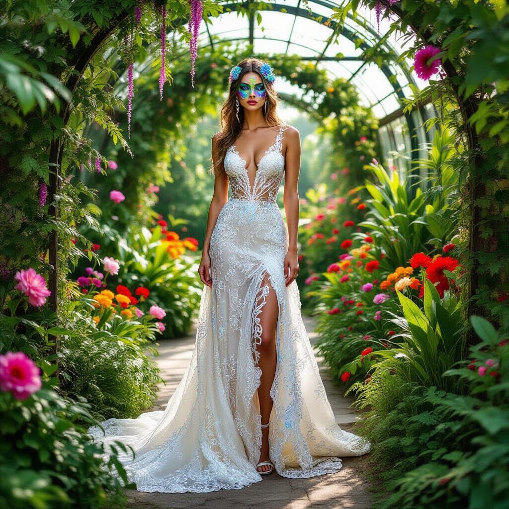 Bioluminescent Woman in Botanical Garden, Moody Surrealism