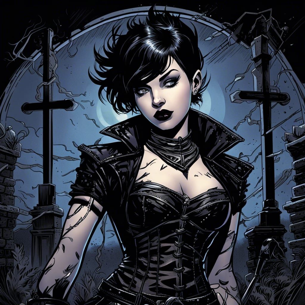 Goth Woman in Graveyard: Comic Book Art