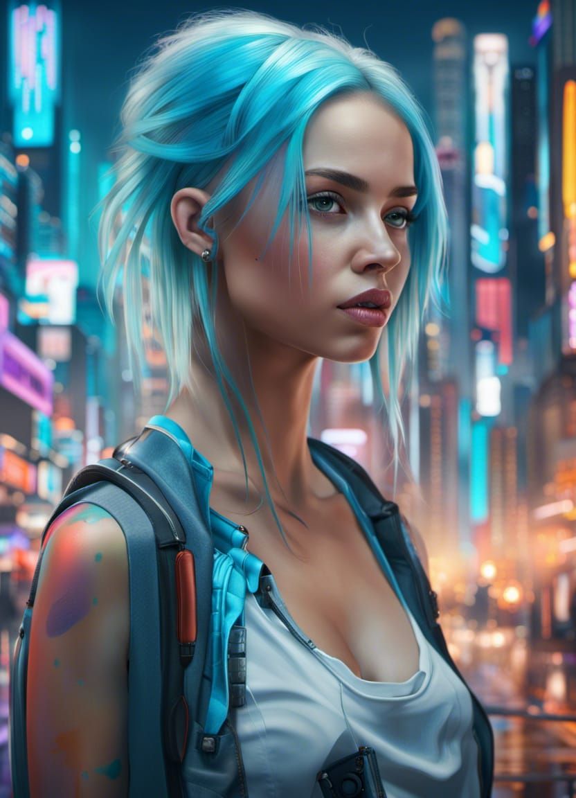 Futuristic Painter in Neon Cityscape