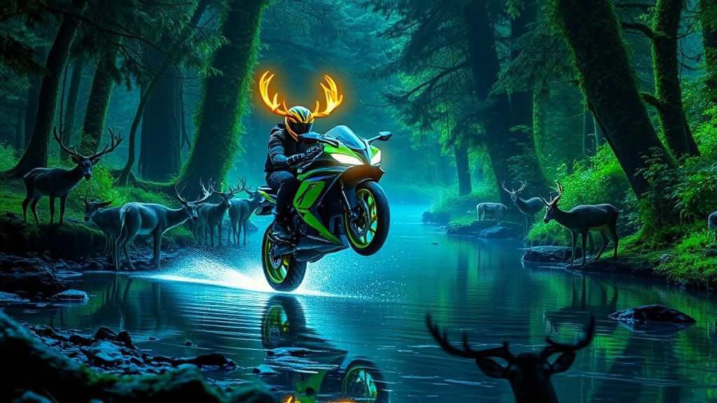 Deer, Motorcycle, and Neon Forest in Bioluminescent Style
