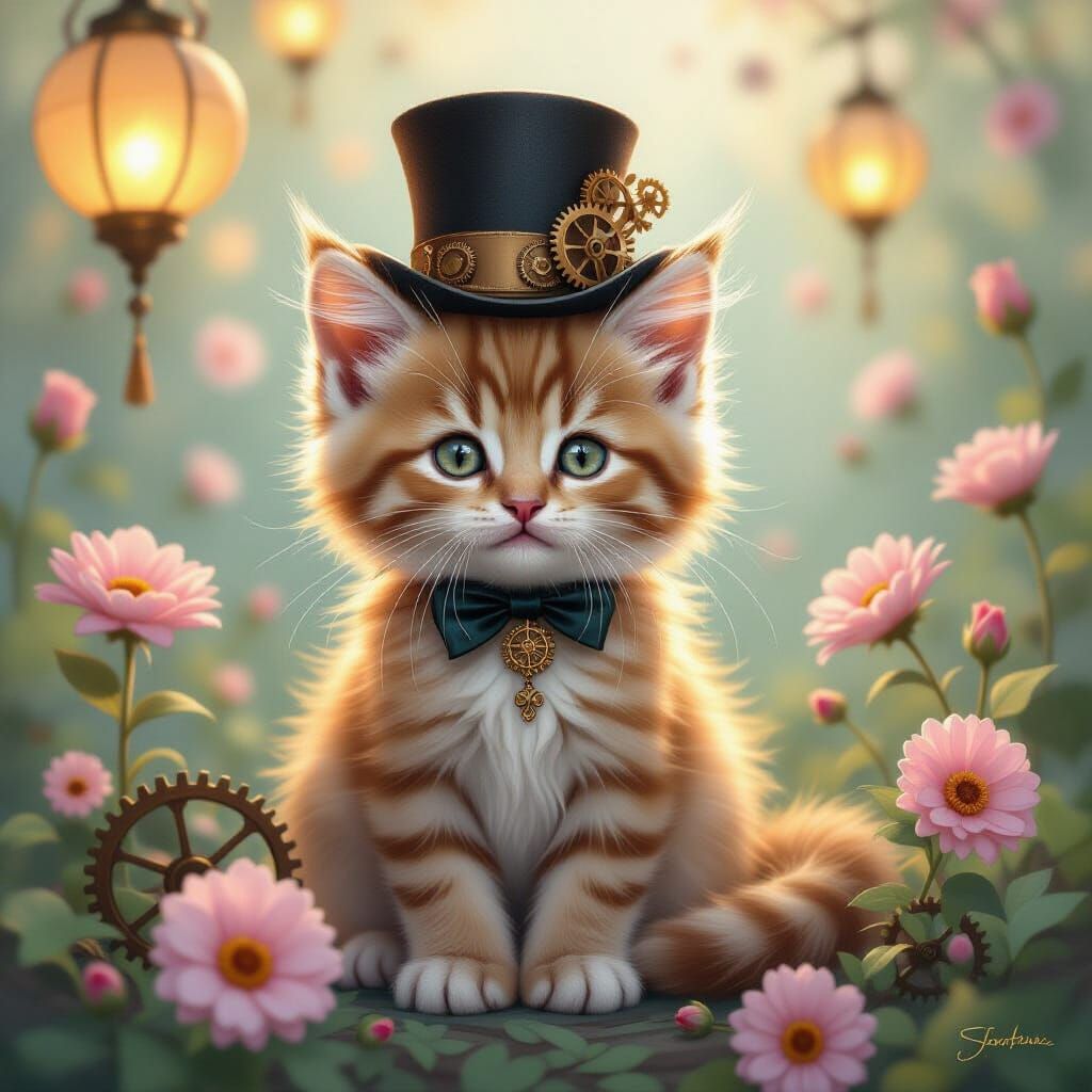 Steampunk Kitten in Floral Art Nouveau Setting