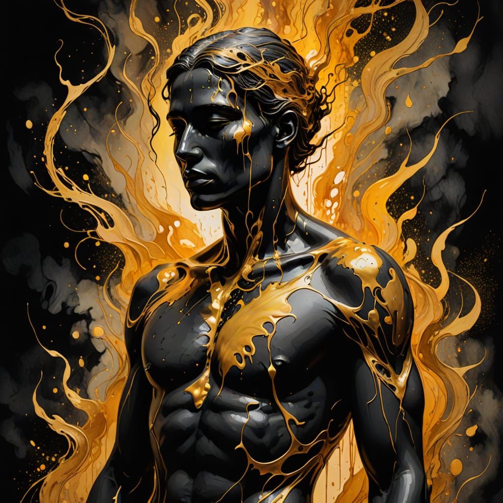 Surrealist digital painting. Close up. A demigod surrounded ...