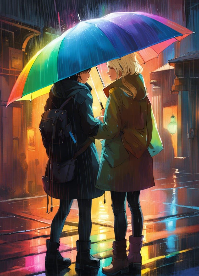 Two Women Embrace in Bioluminescent Rainbow Rain
