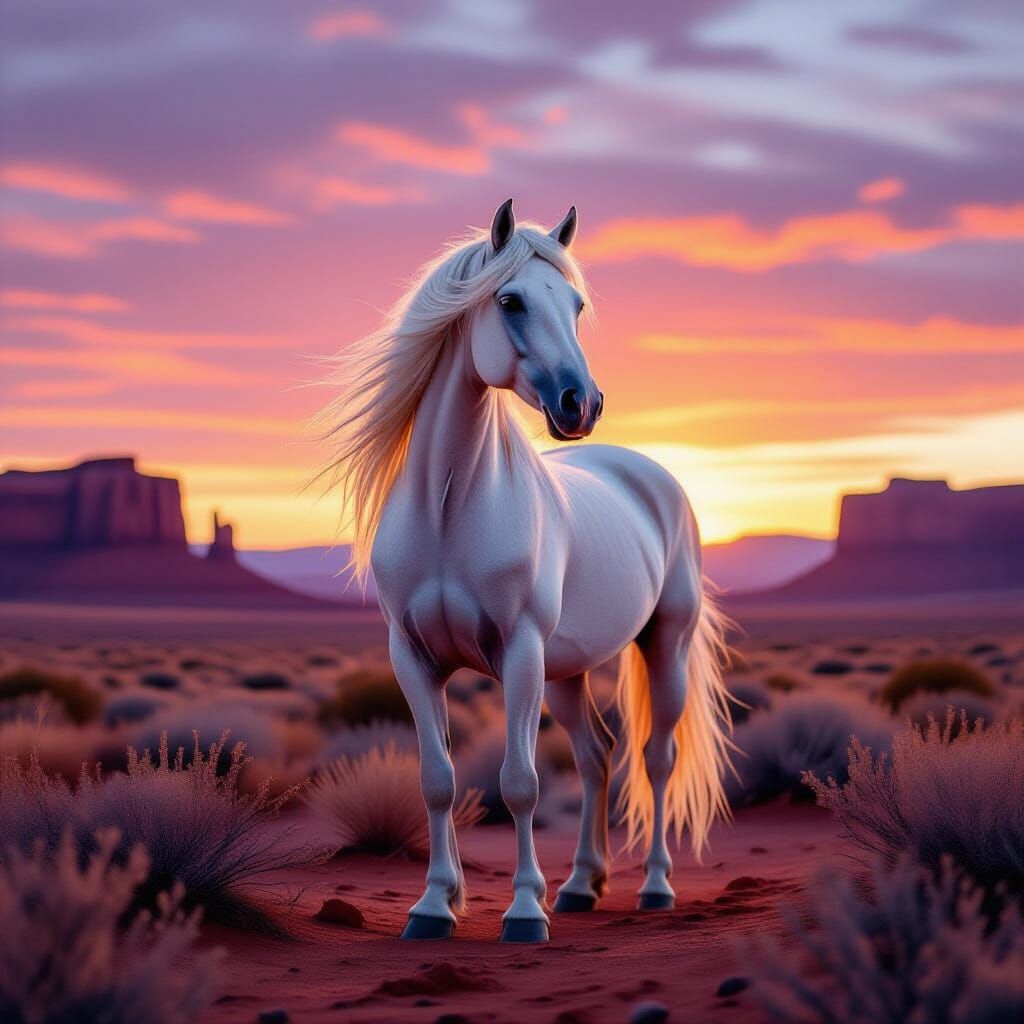 White Horse in Desert Sunset: Hyperrealistic Photography