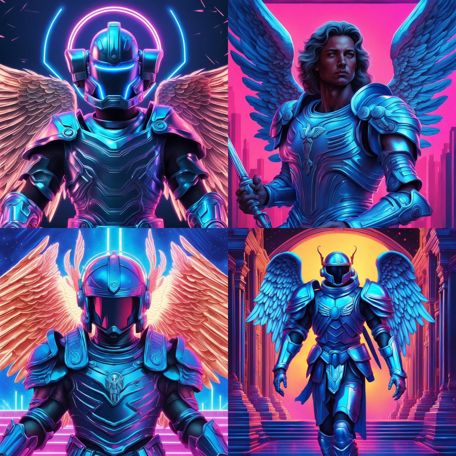 Angel in Blue Metallic Armor: Synthwave Retro