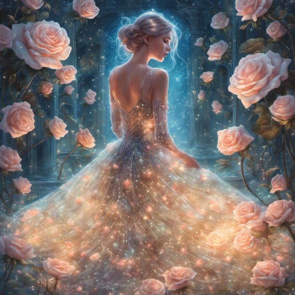 Glowing Rose Dress in Bioluminescent Holographic Style