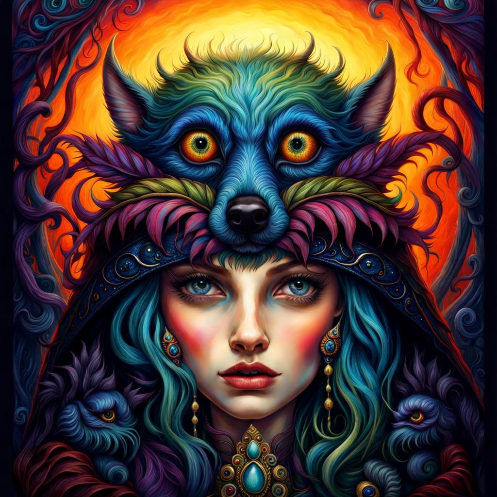 Fuzzy Vampire Monster with Dog Pet in Romantic Style