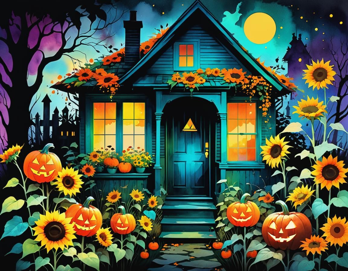 Psychedelic Halloween Garden House in Watercolor Collage