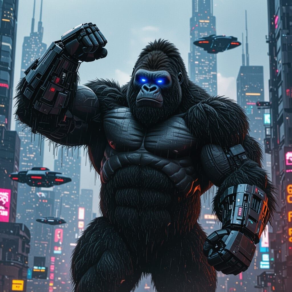 Cybernetic Gorilla Flexing in Futuristic Cityscape