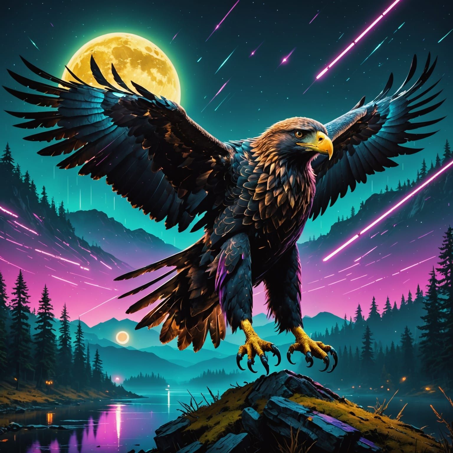 Ethereal Golden Eagle Fish Soars Through Cyberpunk Galaxy