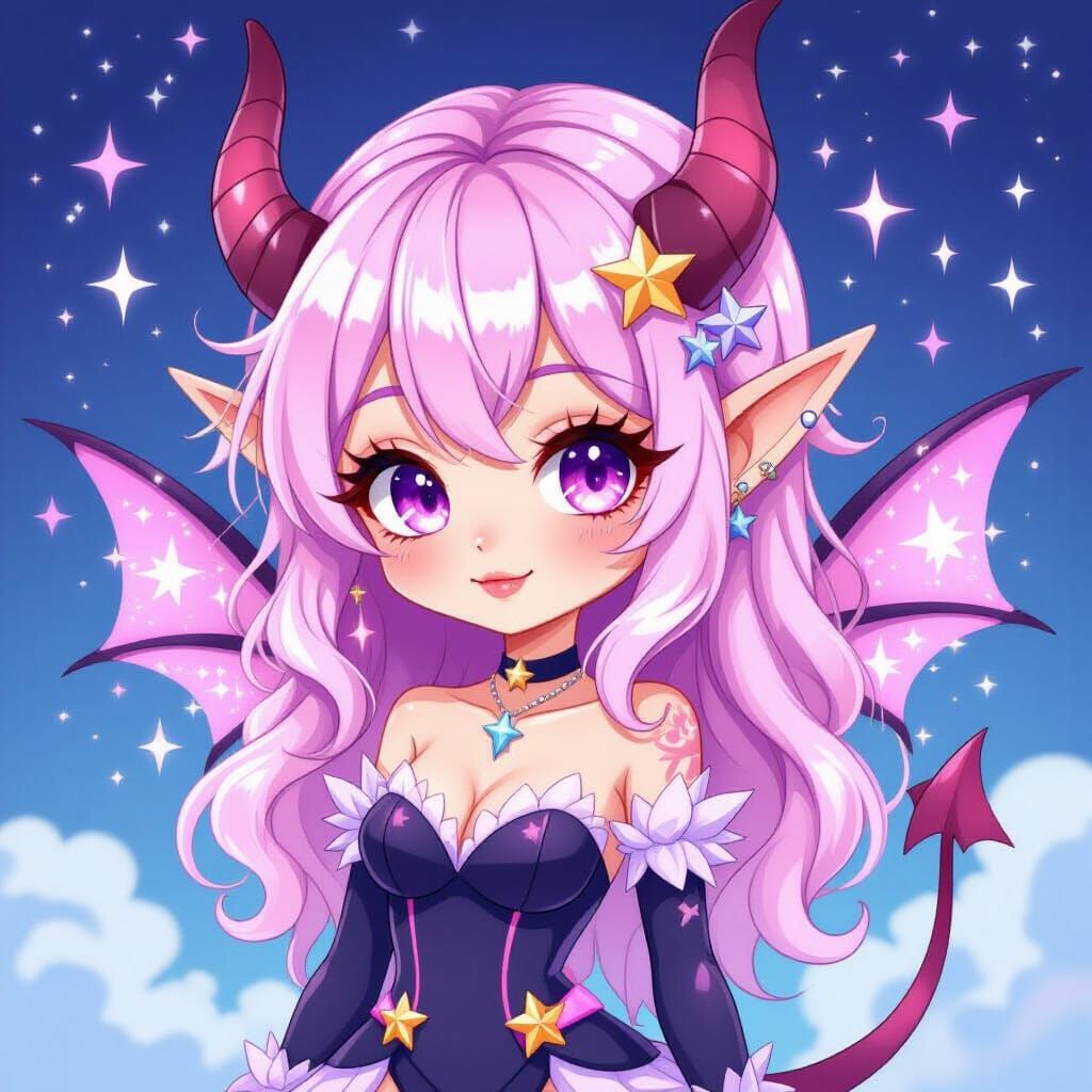 Starlight Chibi Demon Girl with Pastel Hair