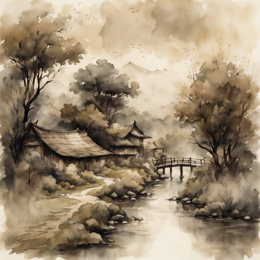 Ink Wash Painting of Cloudy Village with Windmill