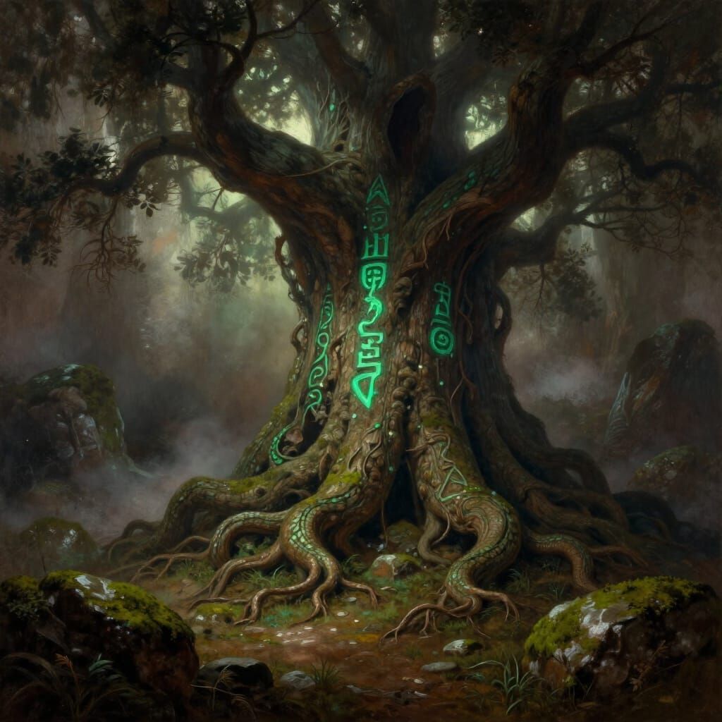 Ancient Tree With Glowing Runes in Misty Valley