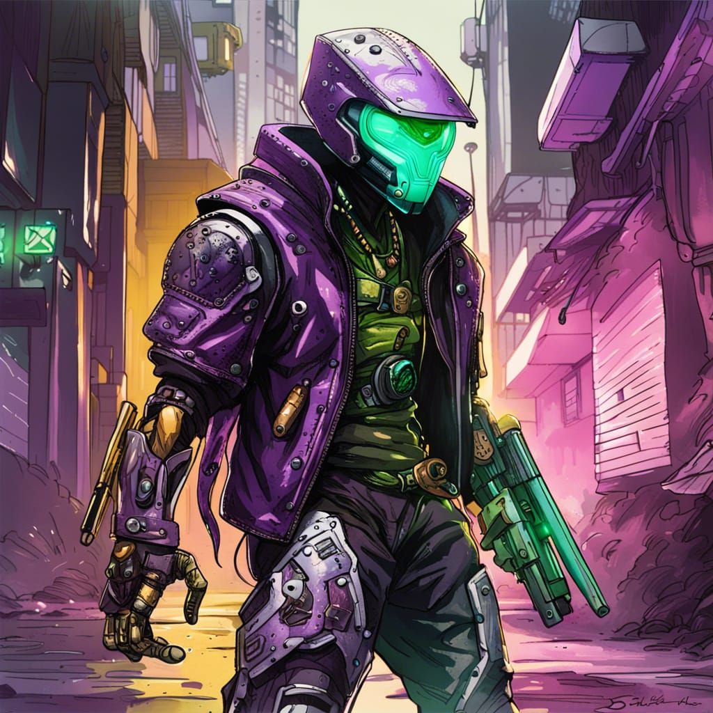 Cyberpunk Bounty Hunter in a Post-Apocalyptic World