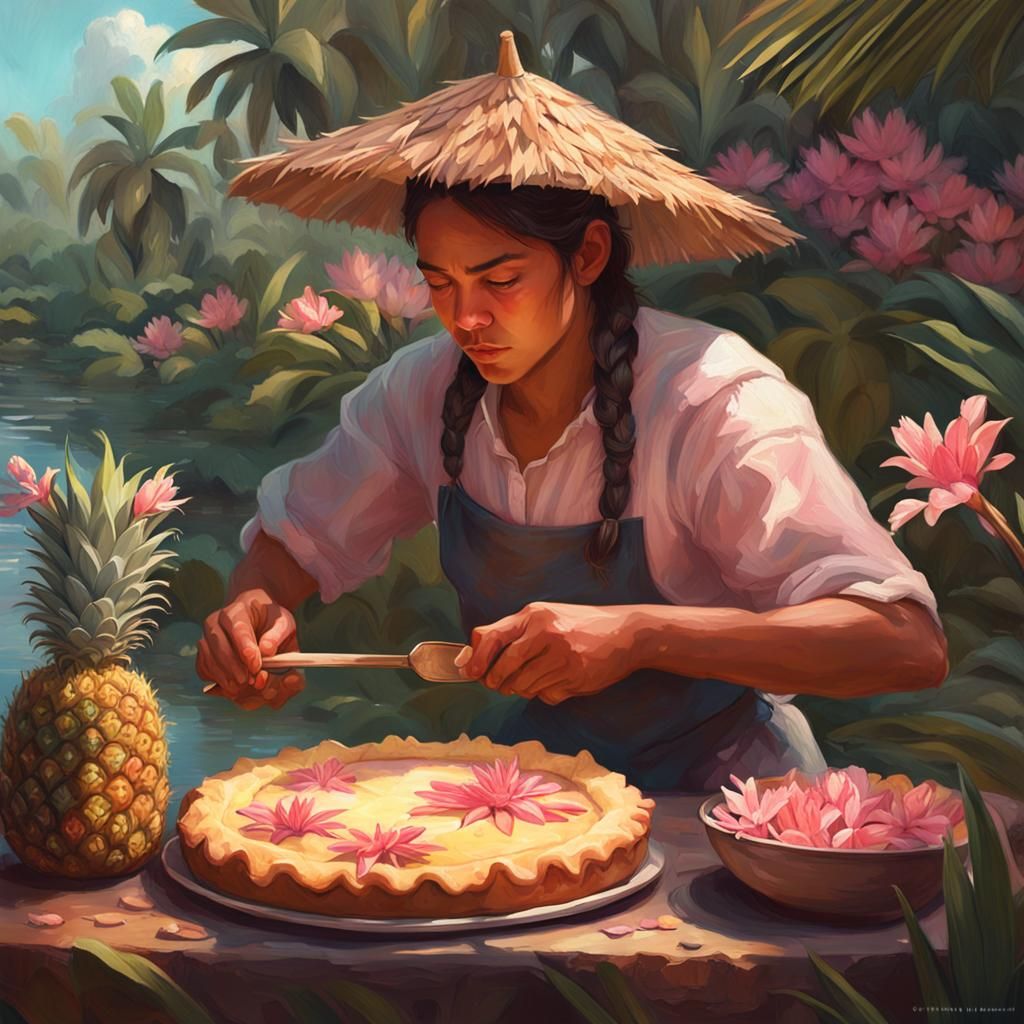 Polynesians Baking Pineapple Pie, Art Nouveau Style