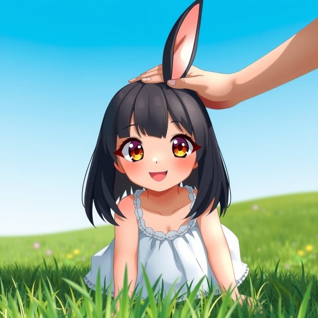 Adorable Rabbit Girl Receiving Headpat on Grass