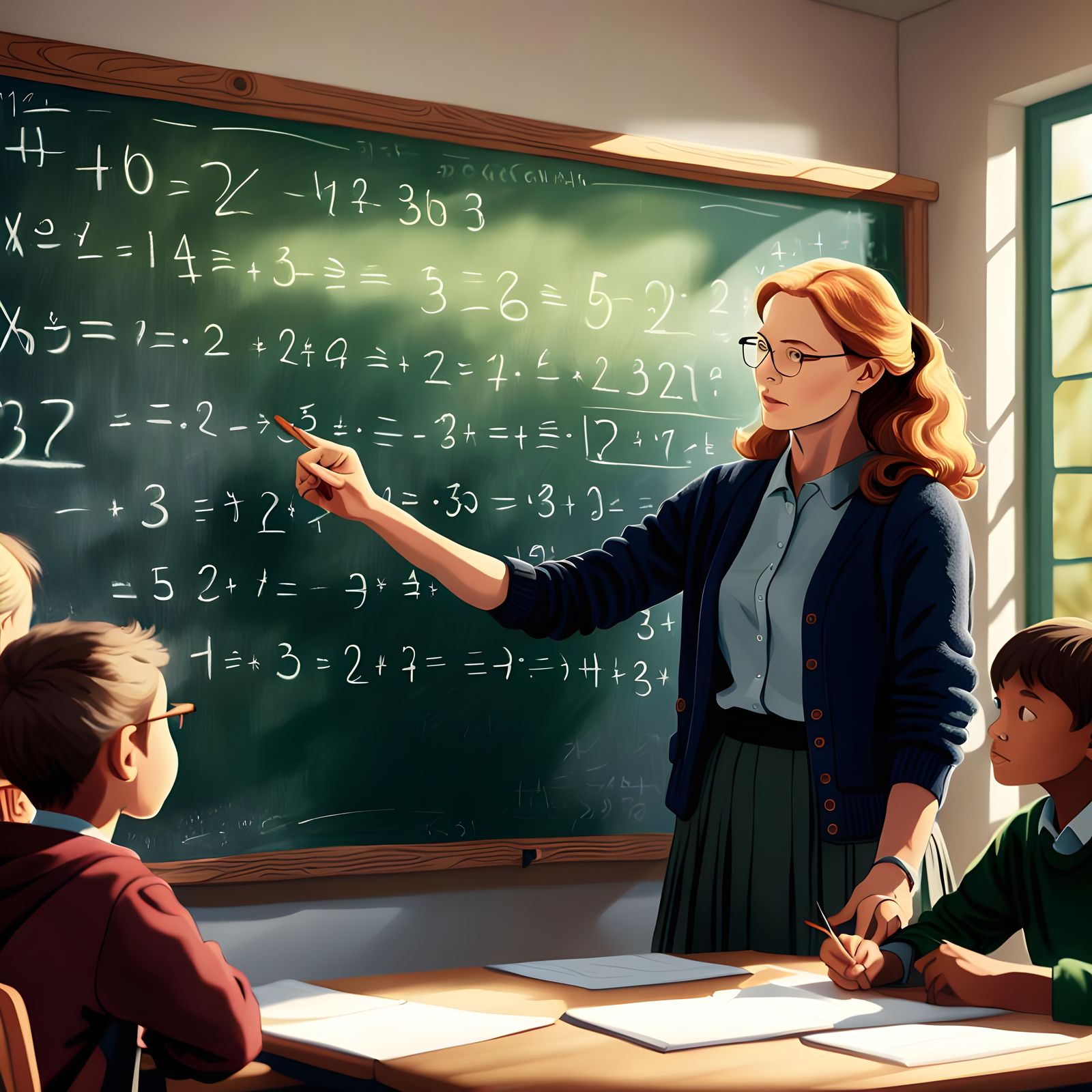 Teacher Explains Math Problem with Natural Lighting