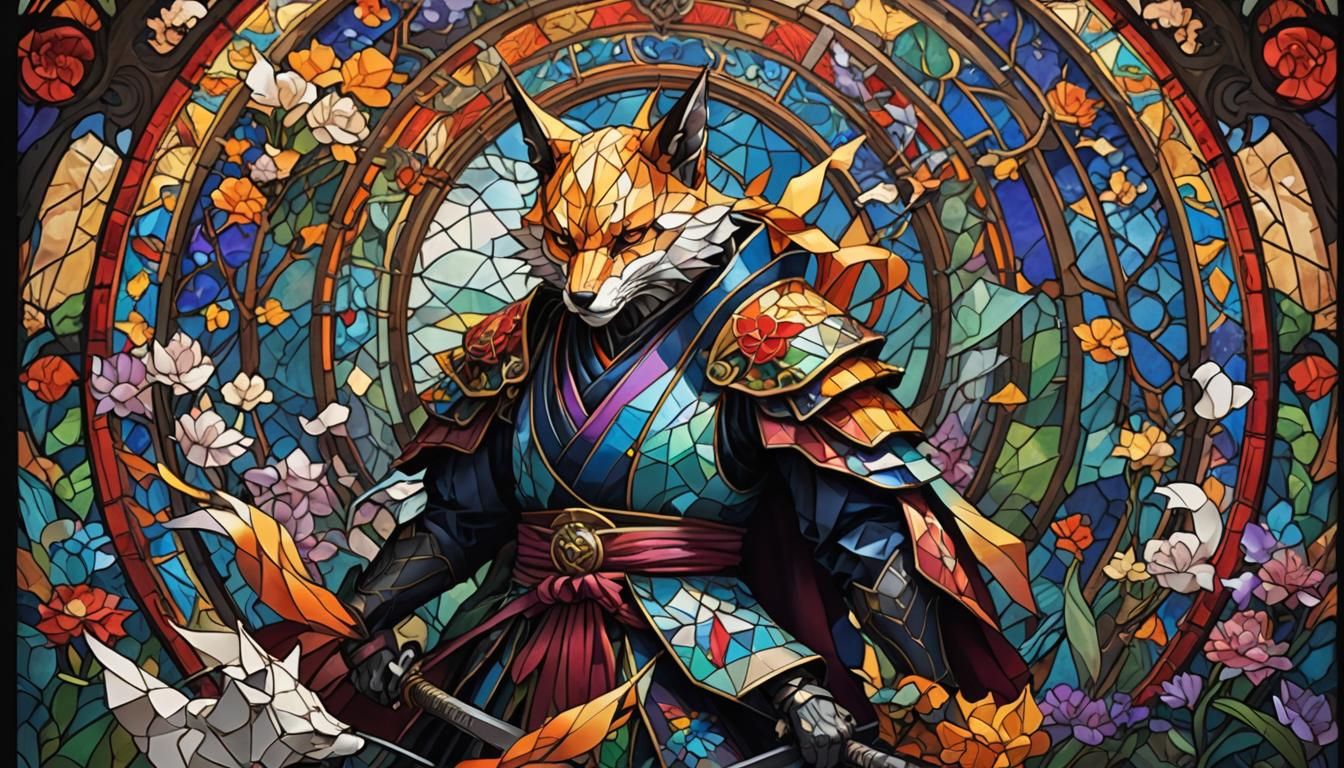 Art Nouveau Samurai Kitsune in Gothic Stained Glass