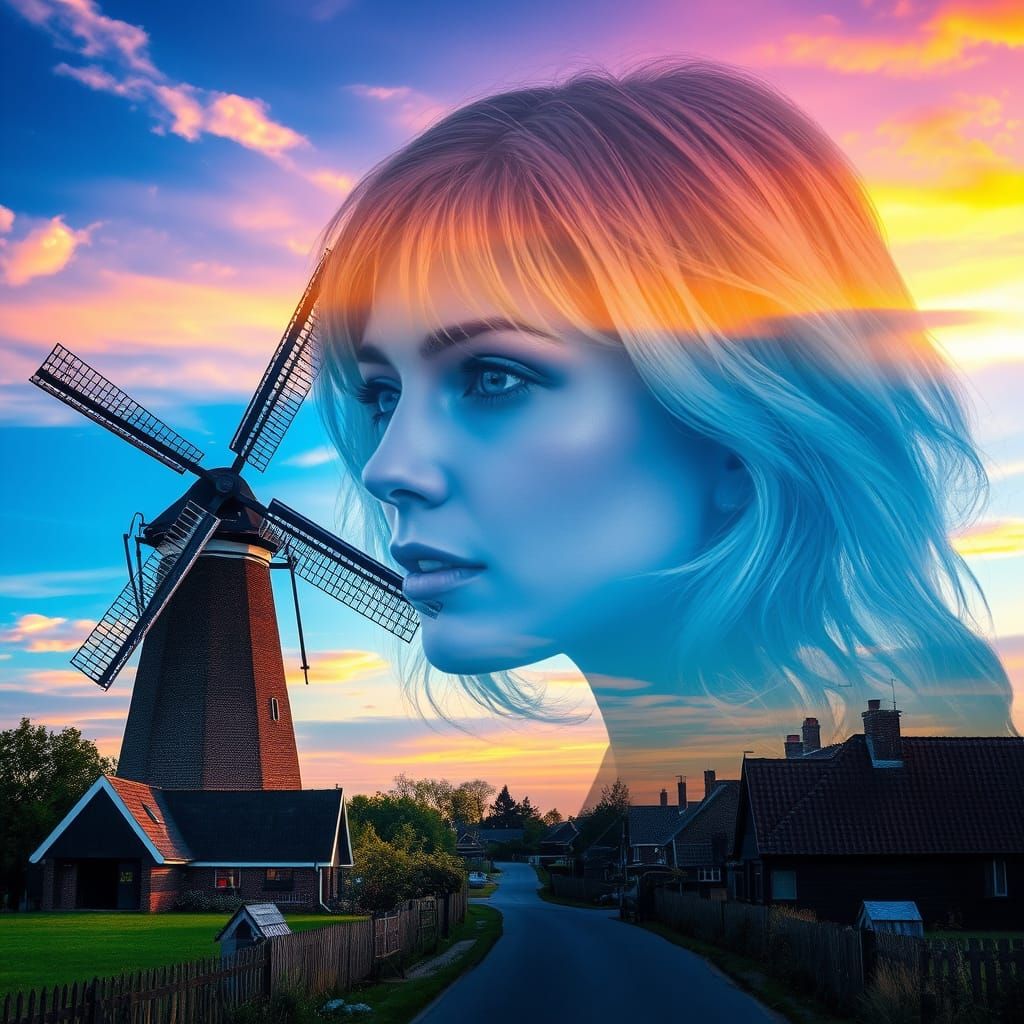 double exposure in the foreground a beautiful Holland villag...