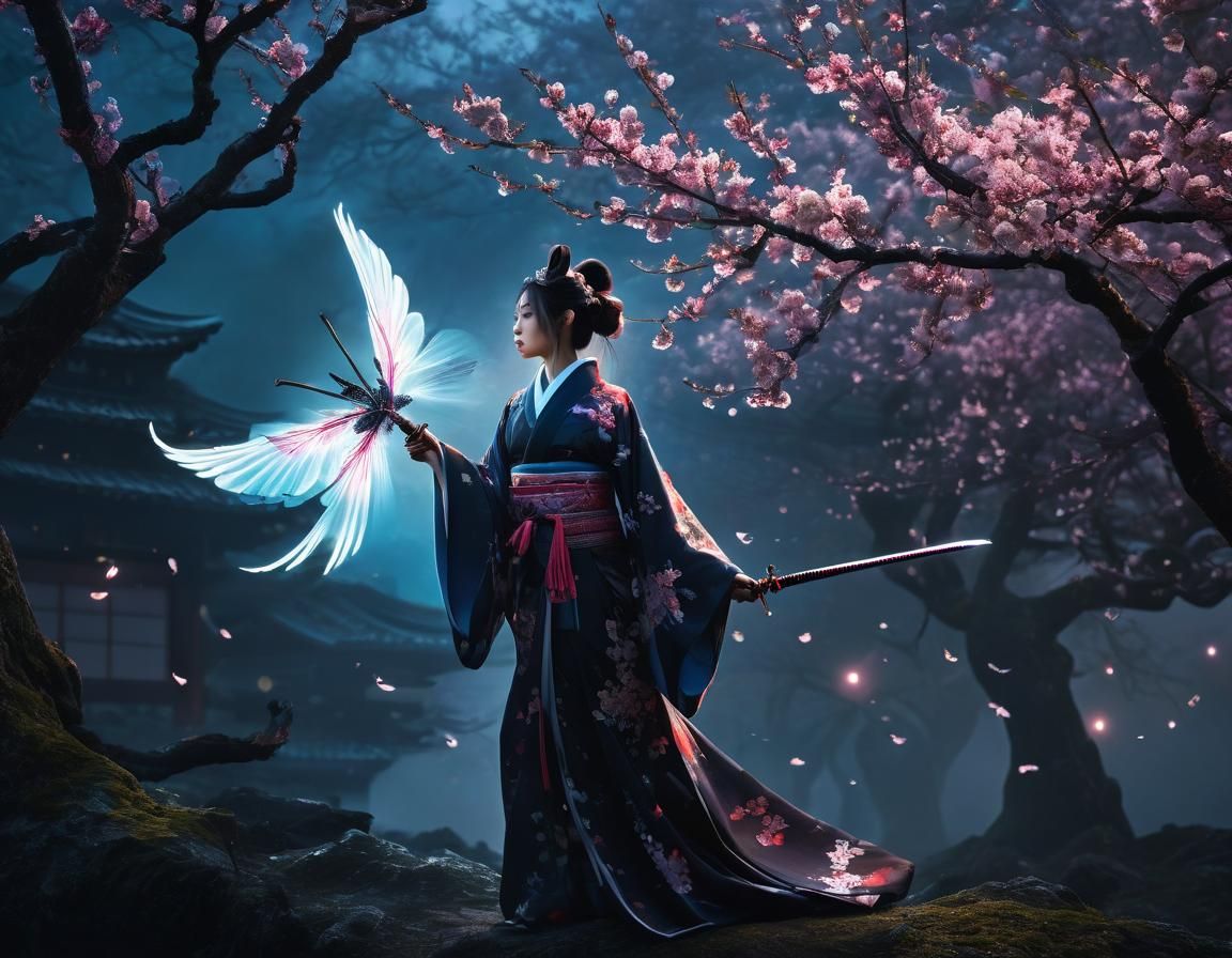 Japanese Fairy Practicing Martial Arts Under Moonlight