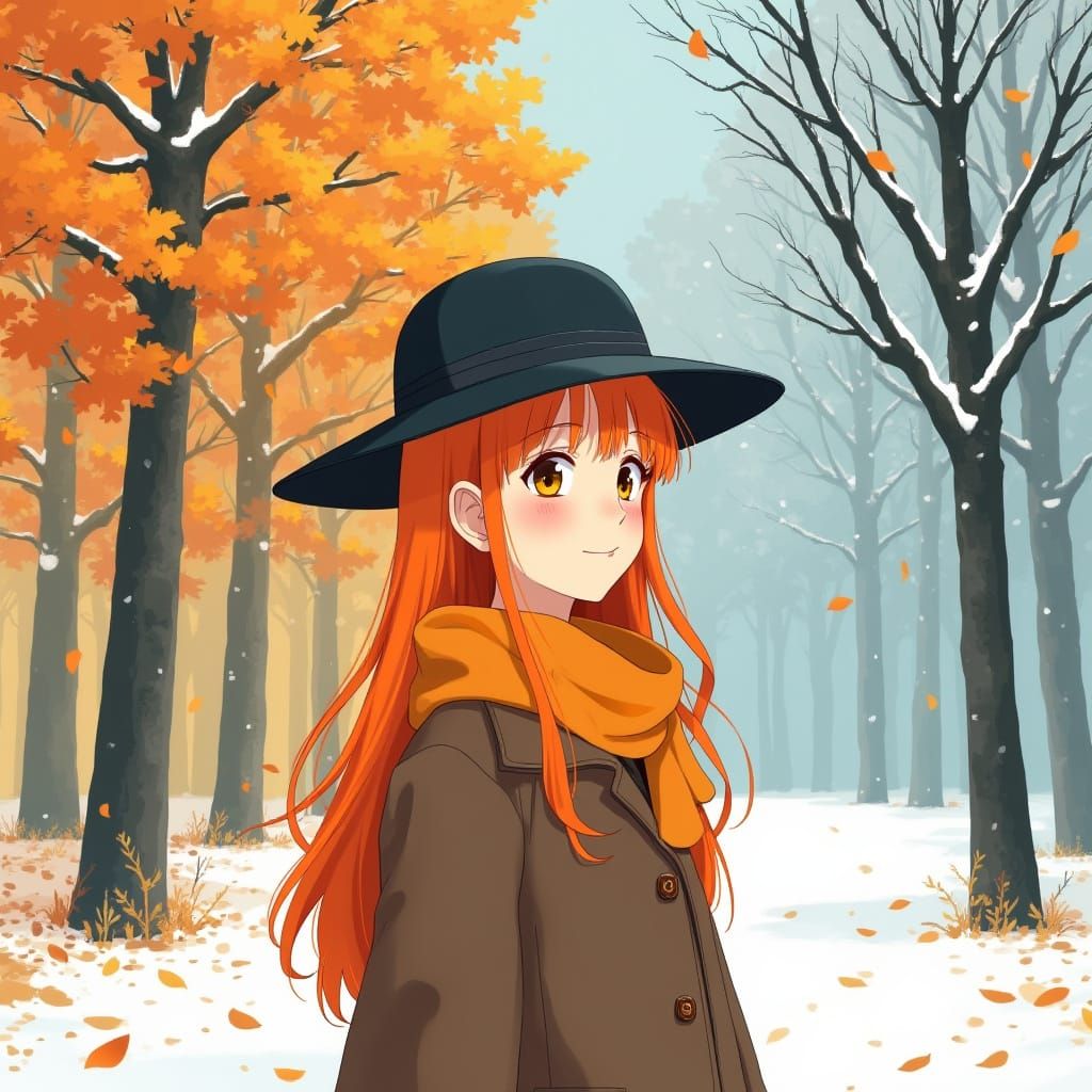 Woman Between Autumn and Winter Landscapes