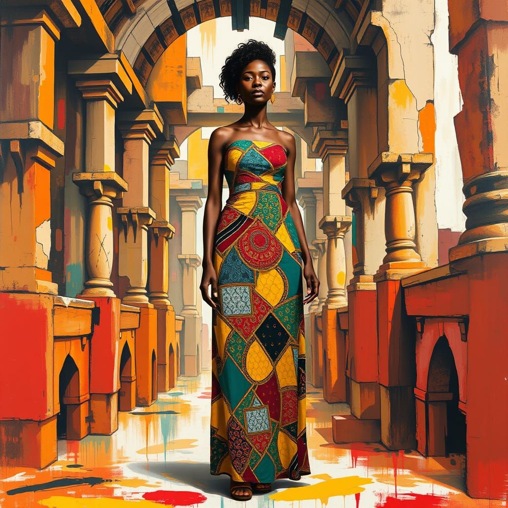 Woman in Vibrant Textile Dress, Amidst Ancient-Modern Archit...