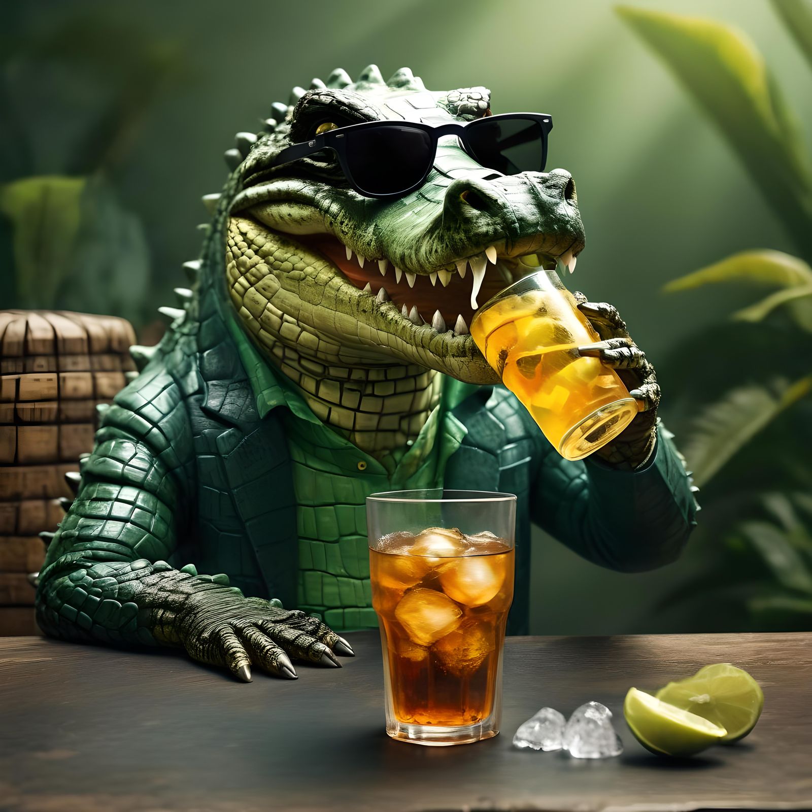 Crocodile Sipping Iced Tea in Sunglasses