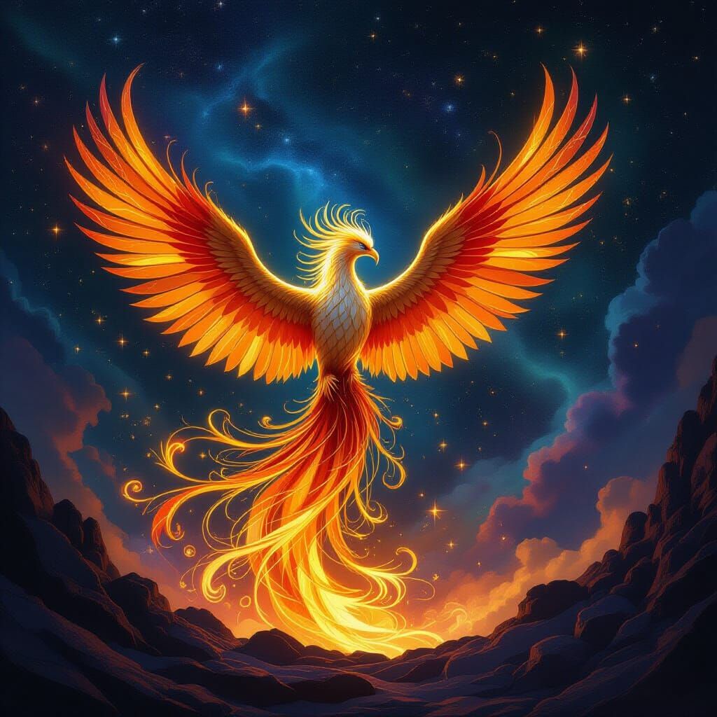 Majestic Phoenix Rises in Molten Gold and Sapphire Vortex