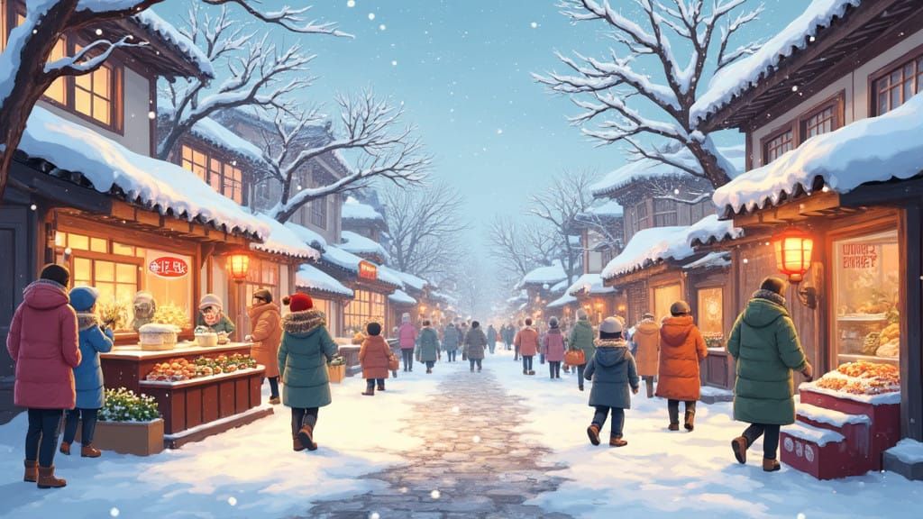 Vibrant Winter Scene in Charming Korean Village