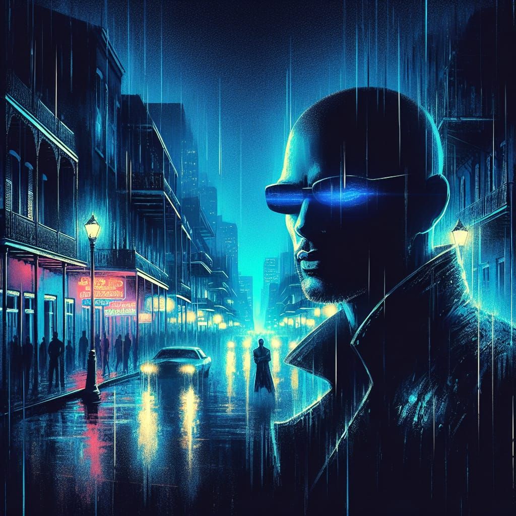 SUNGLASSES, DARK BLUES, MATRIX STYLED, FUTURISTIC, RENEGADE, BLADERUNNER, IN NEW ORLEANS AT NIGHT, ALBUM COVER BACKHROUN...