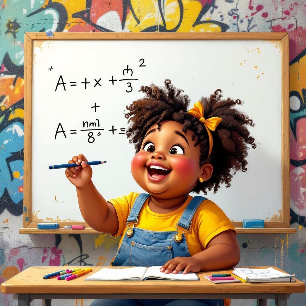 Smiling Girl Writes Math Equation in Sunny Classroom