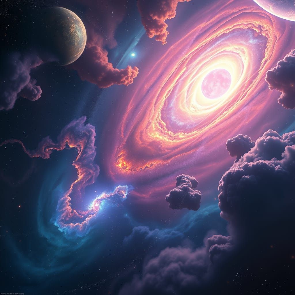 Vast Cosmic Landscape of Jewel Tones and Celestial Bodies