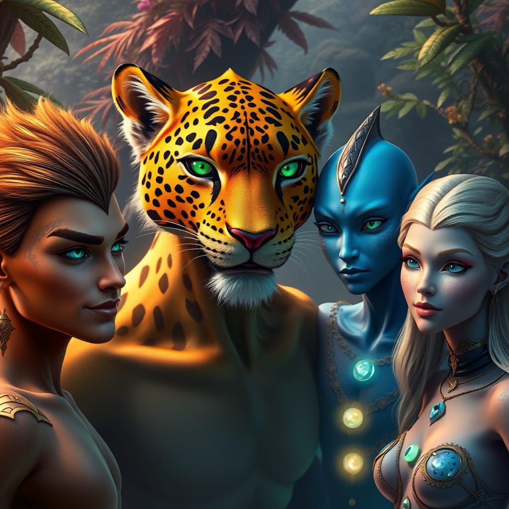 Regal Leopard-Headed Humanoid Mingles with Celestial Compani...