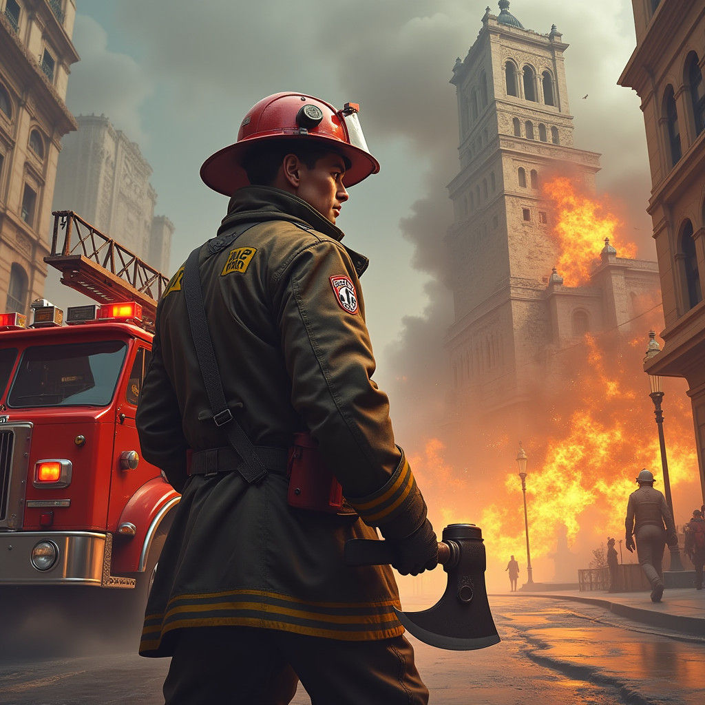 Firefighter in Burning City, Matte Painting Style