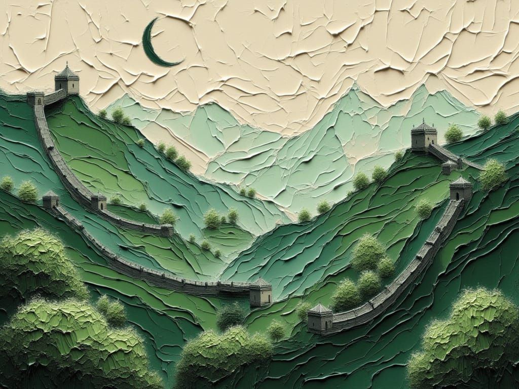 Great Wall of China Landscape in Ink Wash Style