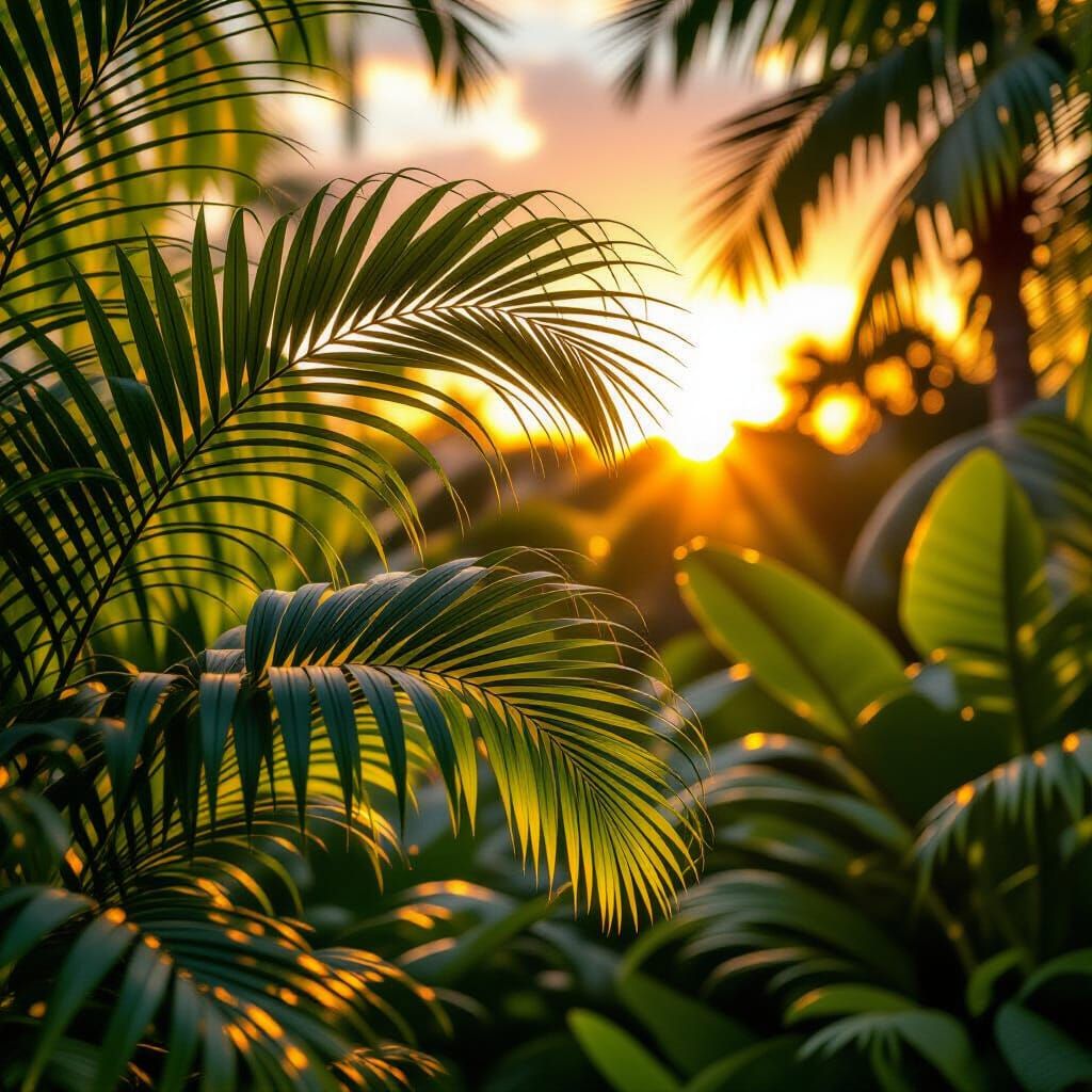 Lush Palm Leaves at Golden Hour: Hyperrealistic Digital Pain...