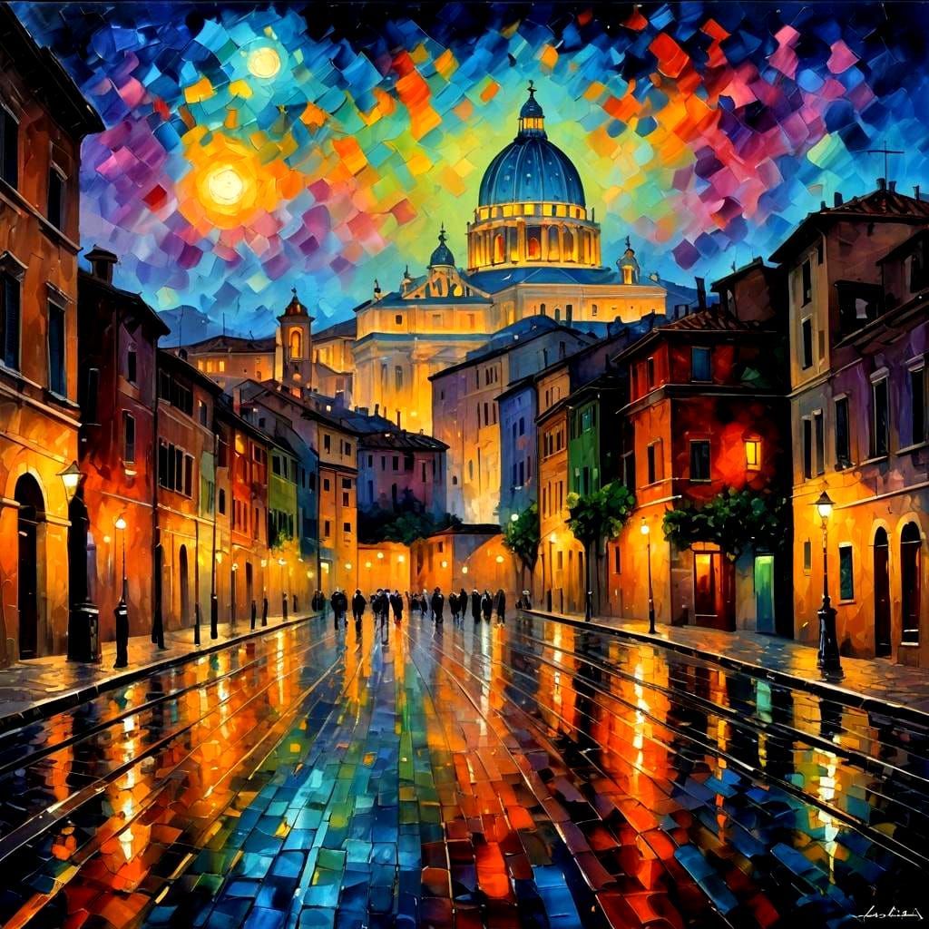 Rome Nightscape in Expressionist Impasto Style